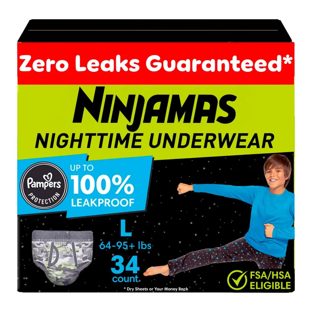 Ninjamas Pampers Nighttime Bedwetting Underwear Boys Size L (64-125 lbs) 34 Count (Packaging & Prints May Vary)