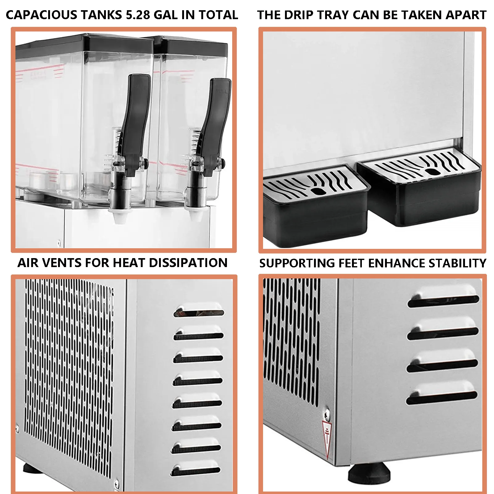 TECSPACE 110V 20L Commercial Beverage Dispenser Cold and Hot 2 Tanks 6.4 Gallon 150W Stainless Steel Fruit Juice Beverage Machine