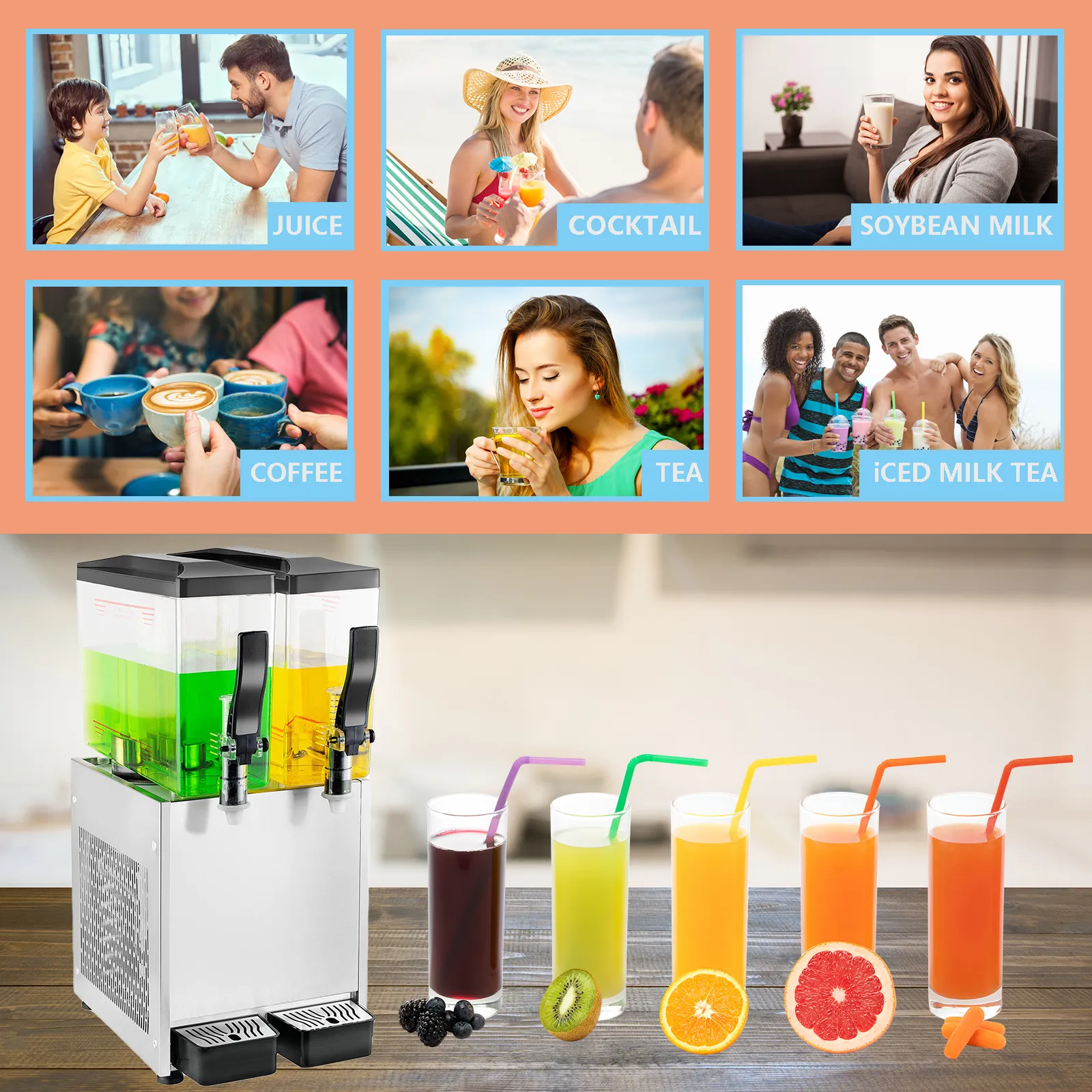 TECSPACE 110V 20L Commercial Beverage Dispenser Cold and Hot 2 Tanks 6.4 Gallon 150W Stainless Steel Fruit Juice Beverage Machine